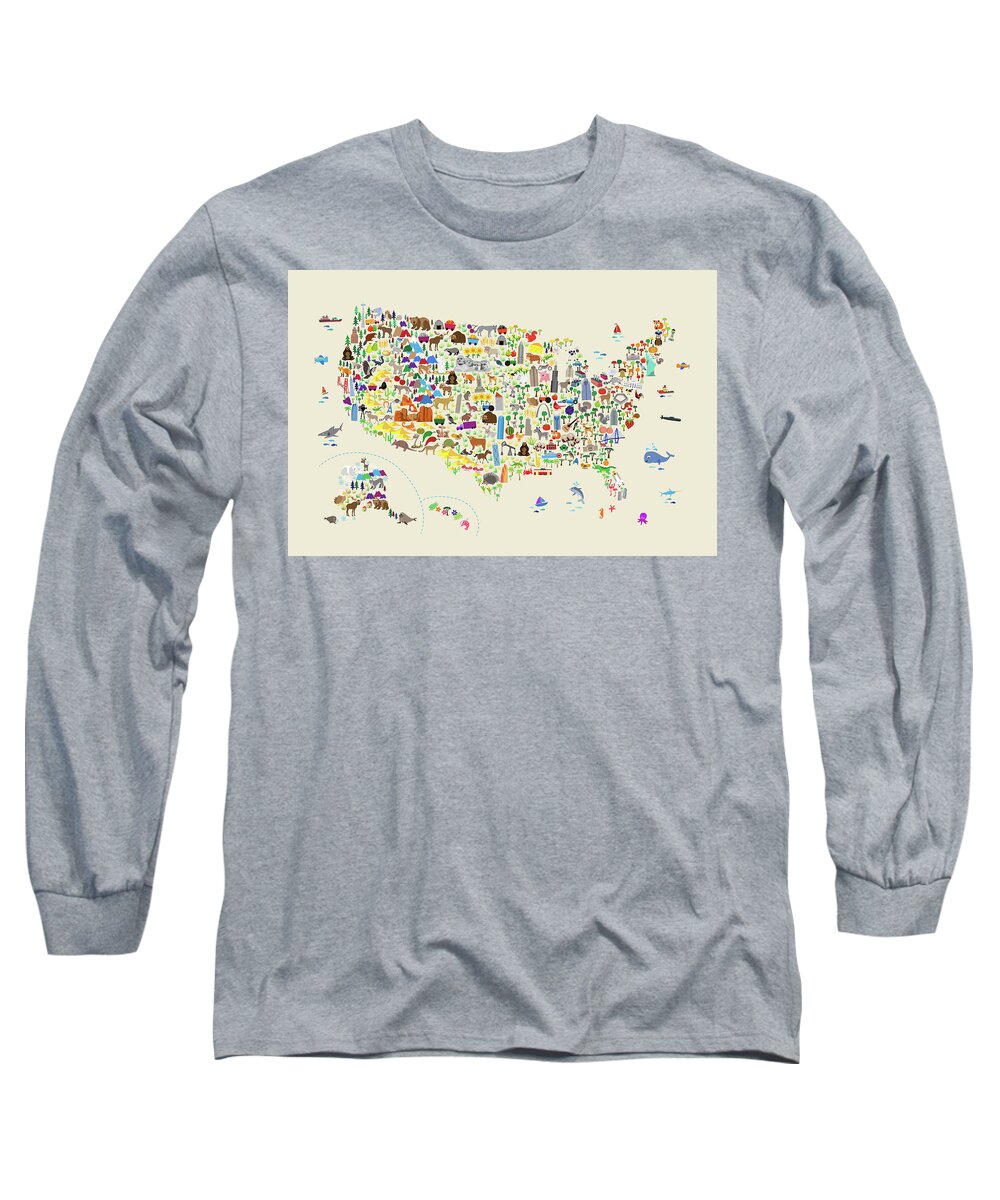 Usa Map Long Sleeve T-Shirt featuring the digital art Animal Map of United States for children and kids #1 by Michael Tompsett