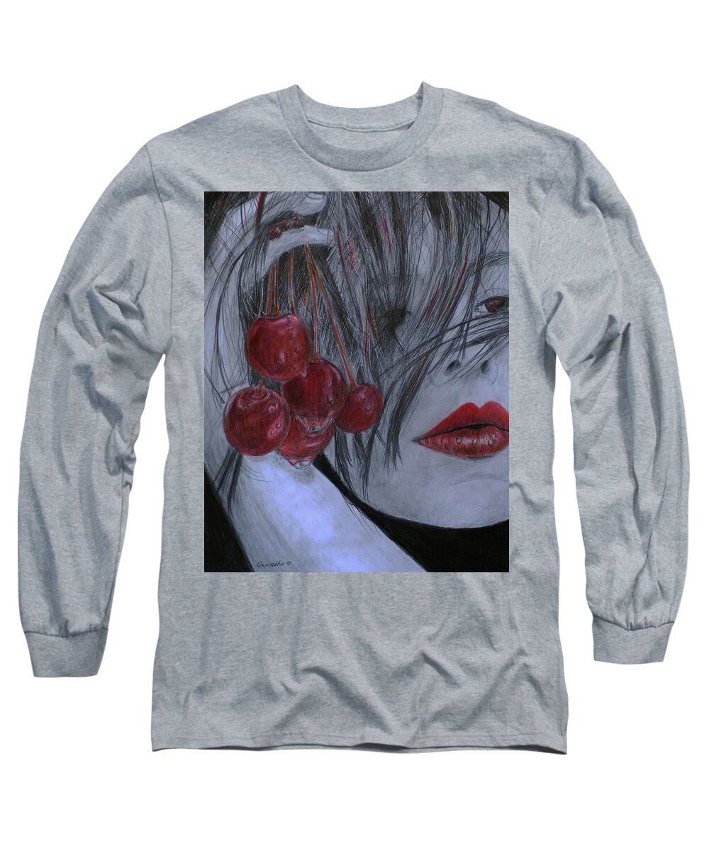 Portrait Long Sleeve T-Shirt featuring the drawing Cherry Kisses #1 by Quwatha Valentine