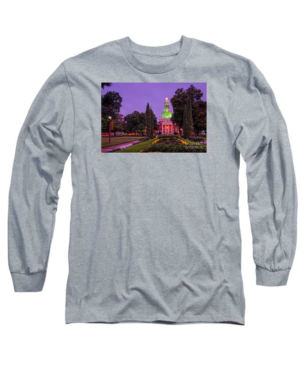 Waco Long Sleeve T-Shirt featuring the photograph Morning Twilight Shot of Pat Neff Hall from Founders Mall at Baylor University - Waco Central Texas #1 by Silvio Ligutti