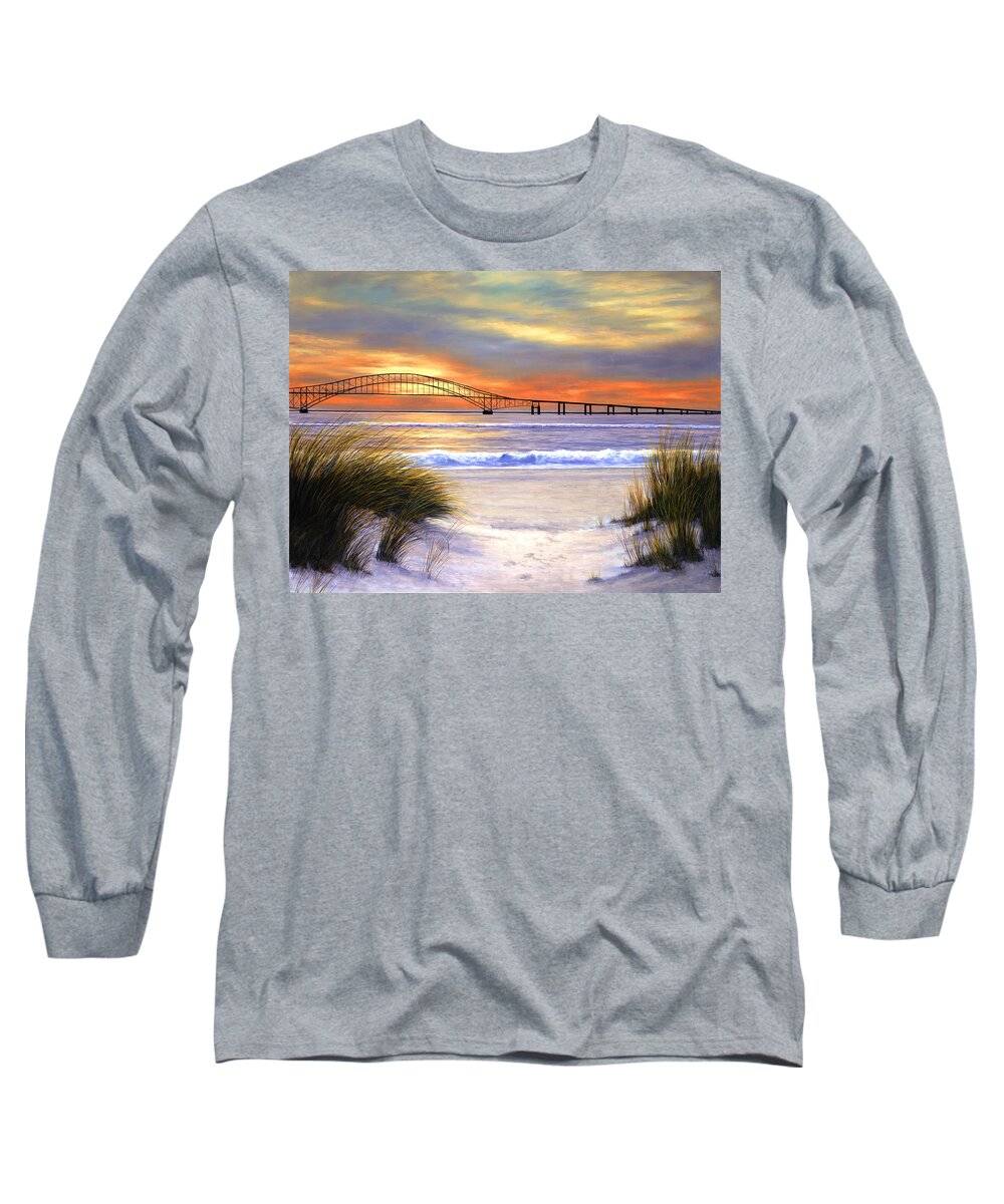 Robert Moses Bridge Long Sleeve T-Shirt featuring the painting Sunset Over Robert Moses #1 by Diane Romanello