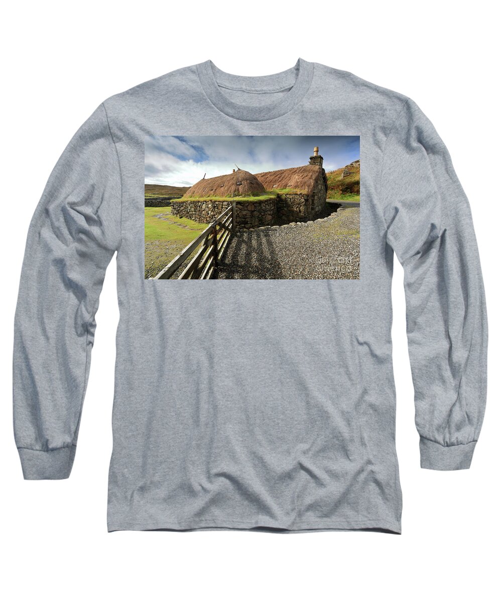 Blackhouse Long Sleeve T-Shirt featuring the photograph Thatched Blackhouse, Isle of Lewis by Maria Gaellman