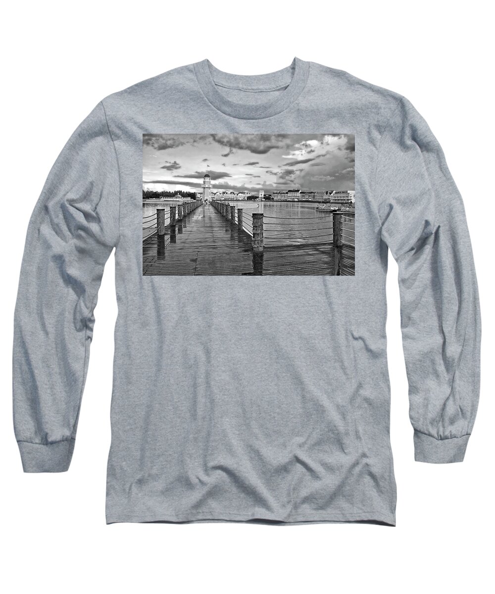 Black And White Long Sleeve T-Shirt featuring the photograph Yacht and Beach Lighthouse in Black and White Walt Disney World MP by Thomas Woolworth