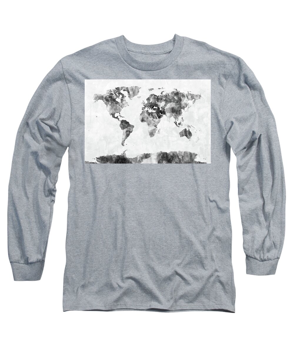 World Map Long Sleeve T-Shirt featuring the digital art Watercolor Map of the World Map #10 by Michael Tompsett