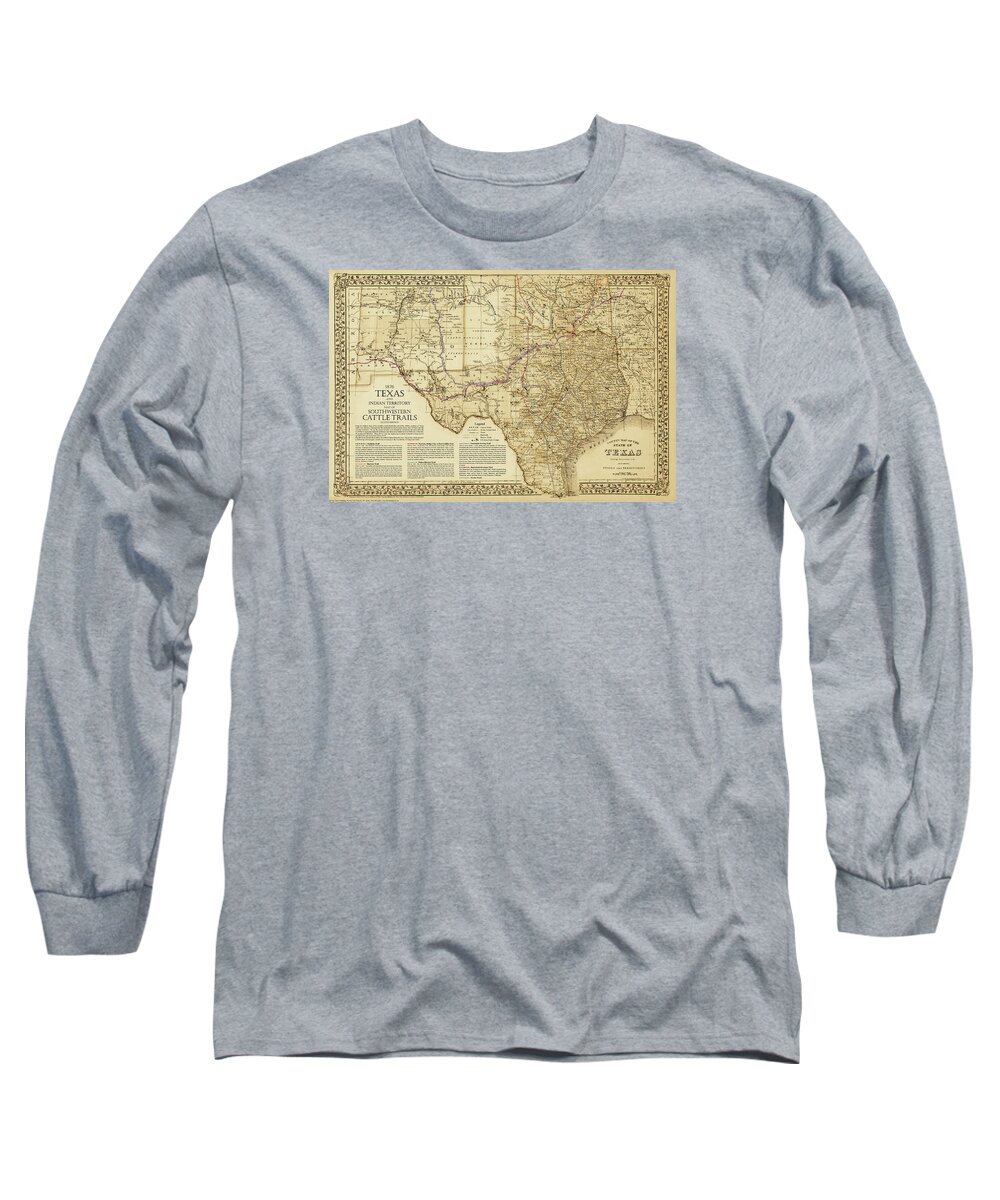 Cattle Trails Map Long Sleeve T-Shirt featuring the digital art 1876 Great Texas and Southwestern Cattle Trails Map by Texas Map Store