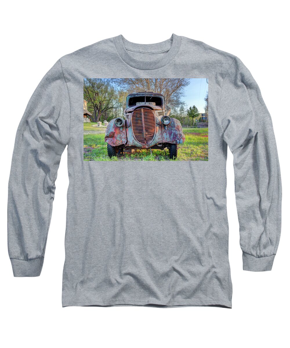 Michigan Long Sleeve T-Shirt featuring the photograph 1936 Model 511 1/2 ton Stakebed Farm Truck near Charlevoix, Mic by Peter Ciro
