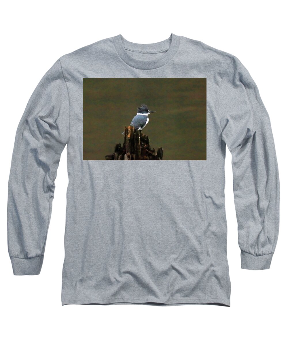 Belted Kingfisher Long Sleeve T-Shirt featuring the photograph a Belted Kingfisher on an old peir by Jeff Swan