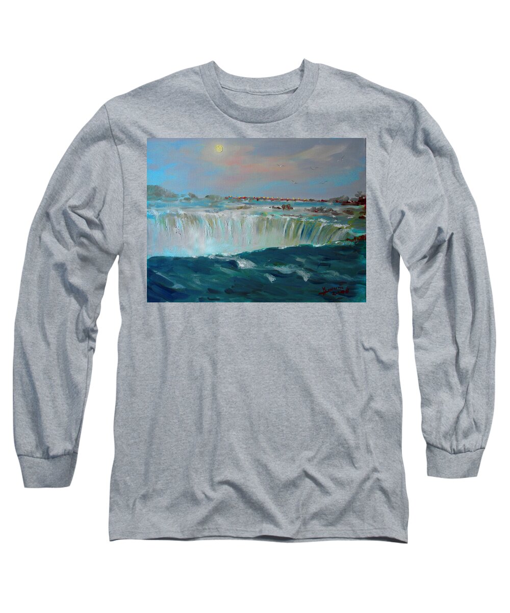 Landscape Long Sleeve T-Shirt featuring the painting Niagara falls #2 by Ylli Haruni