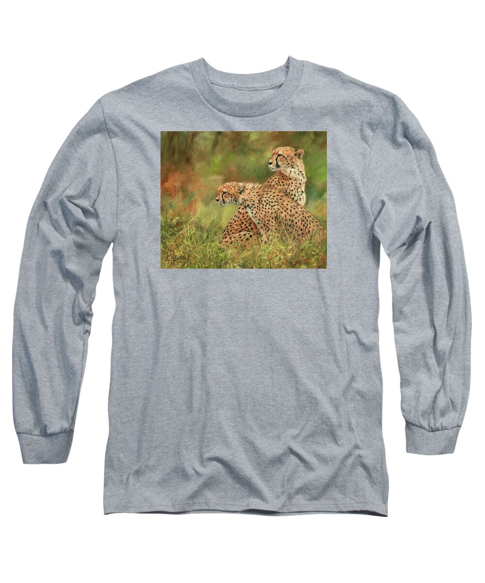 Cheetah Long Sleeve T-Shirt featuring the painting Cheetahs #3 by David Stribbling