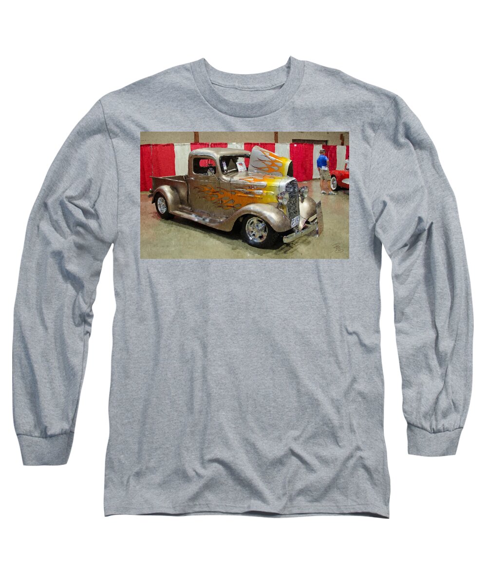 Aged Long Sleeve T-Shirt featuring the digital art 36 Chevy Pickup With Flames by Debra Baldwin