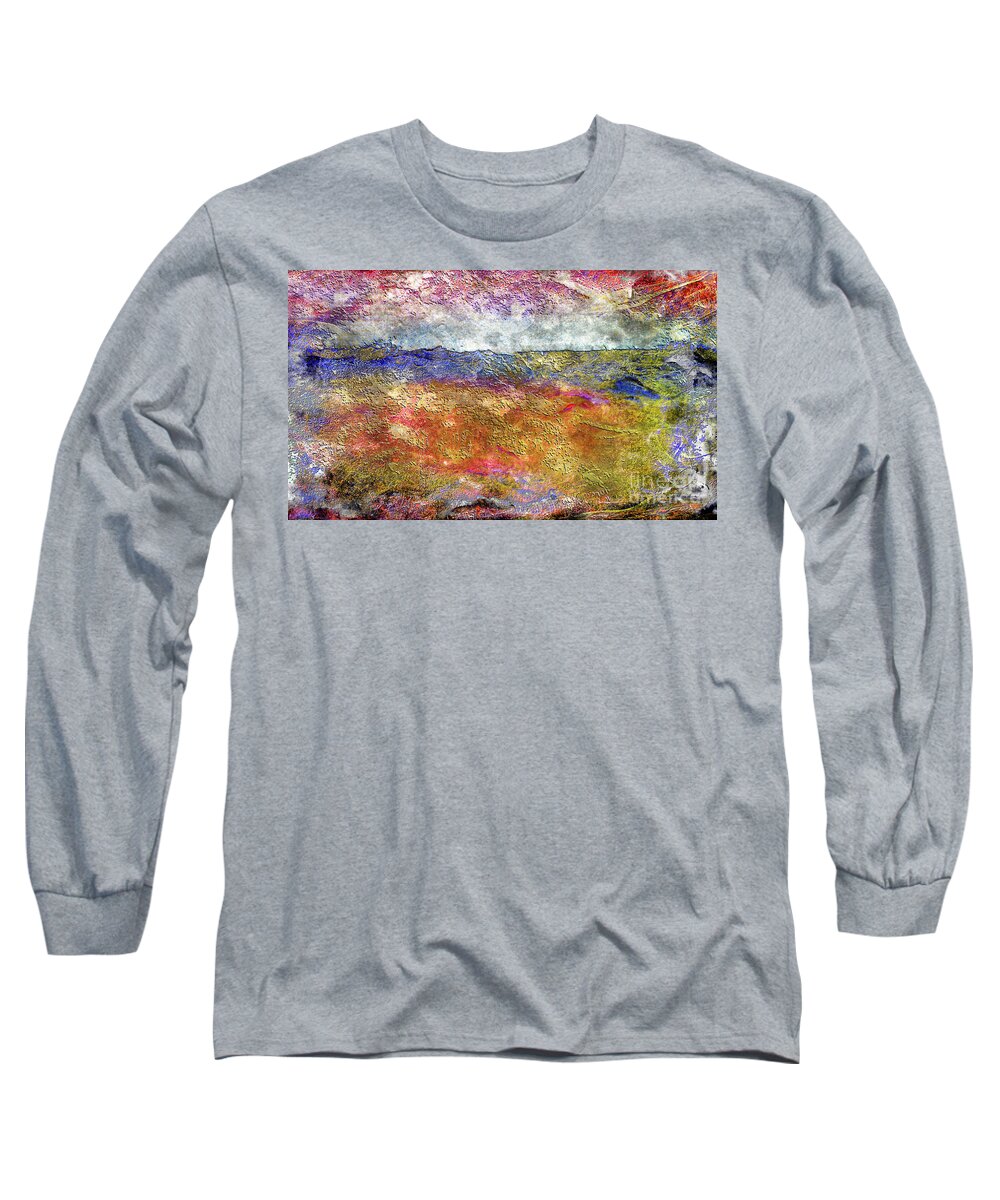 Abstract Long Sleeve T-Shirt featuring the painting 39a Abstract Landscape Sunset over Wildflower Meadow by Ricardos Creations