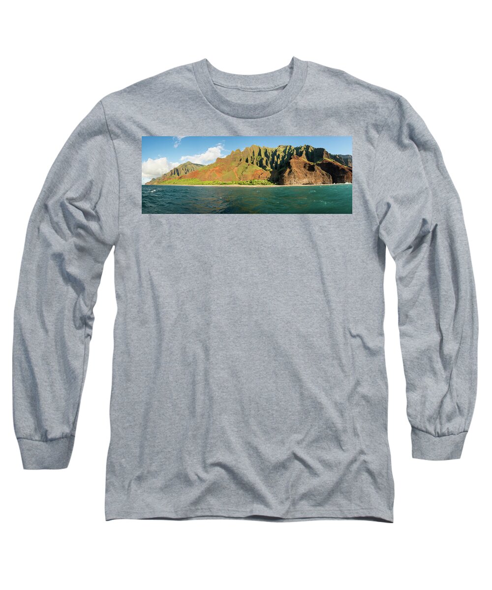 Boat Long Sleeve T-Shirt featuring the photograph Na Pali coastline taken from sunset cruise along Kauai shore #5 by Steven Heap