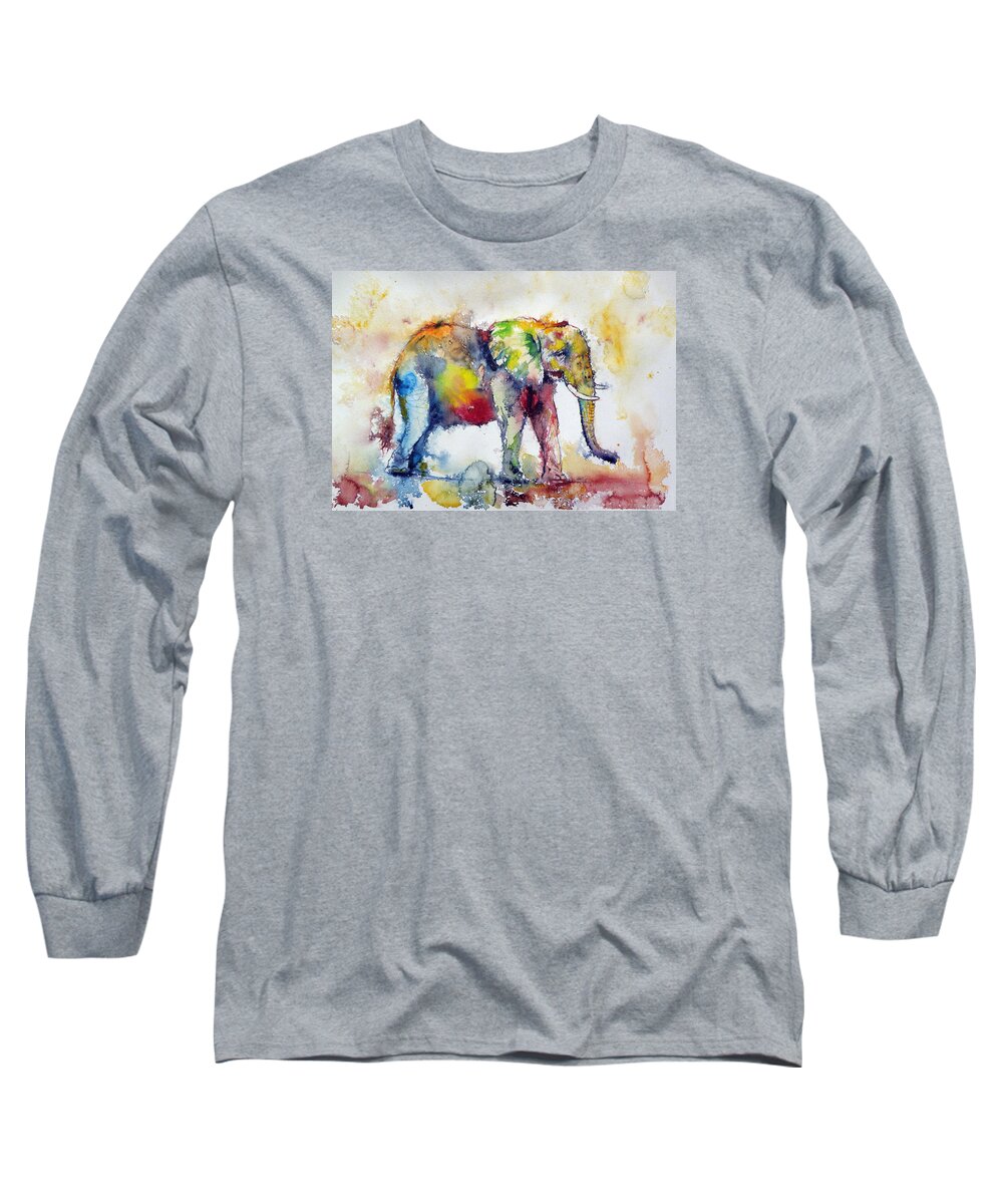 Elephant Long Sleeve T-Shirt featuring the painting Big colorful elephant by Kovacs Anna Brigitta