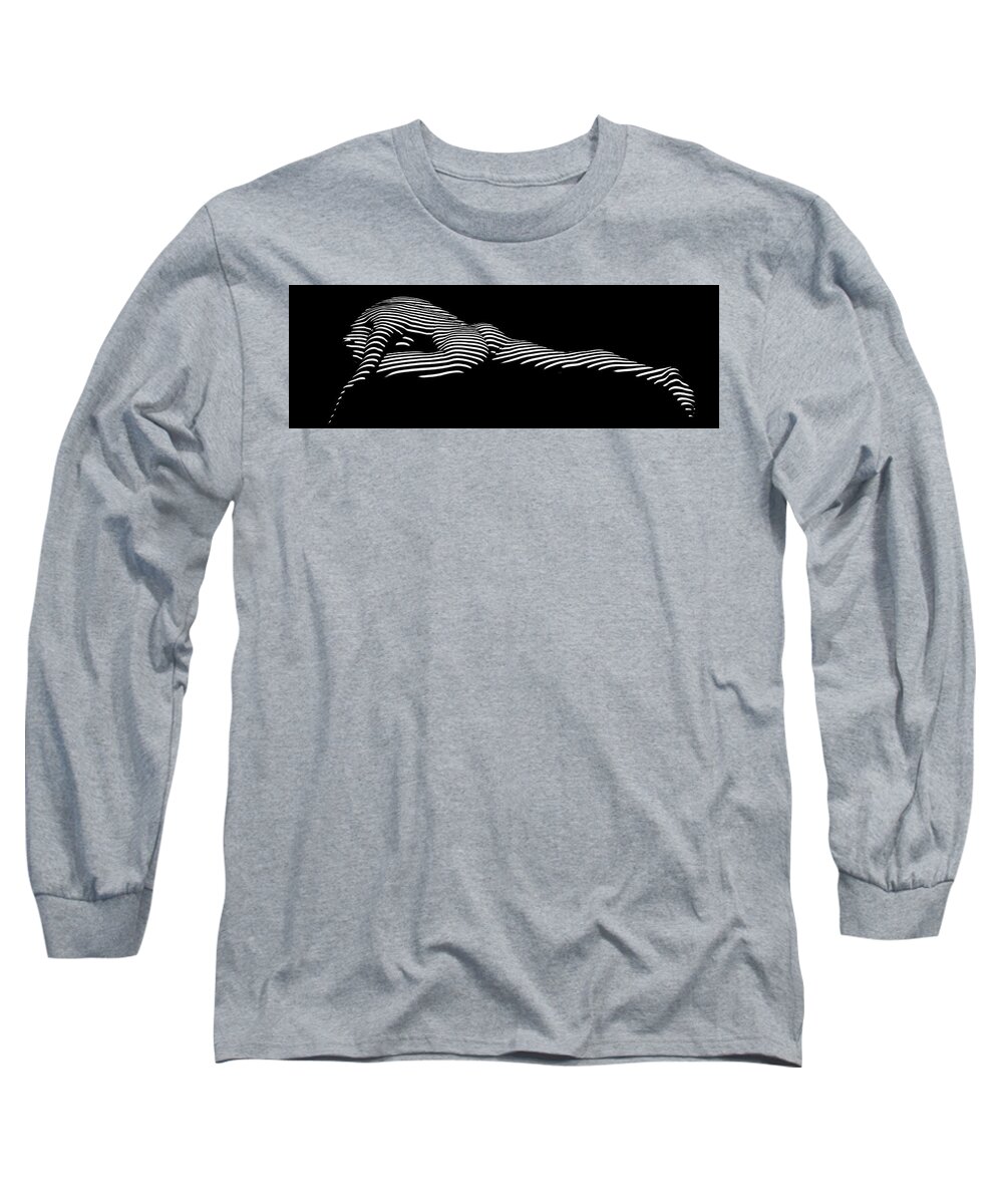 Striped Nude Feline Woman Yoga Pigeon Pose Abstract Black White Fine Art Erotic Sensual Tasteful Long Sleeve T-Shirt featuring the photograph 9474 Zebra Stripe Yoga Pigeon Pose Feline Grace by Chris Maher