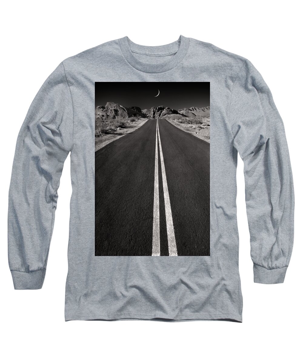 Road Long Sleeve T-Shirt featuring the photograph A Road With A Moon by Mike Nellums
