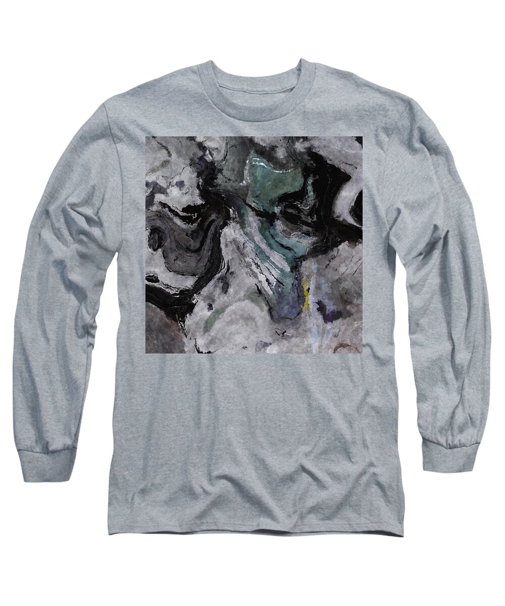 Abstract Long Sleeve T-Shirt featuring the painting Abstract and Minimalist Acryling Painting in Gray Color by Inspirowl Design