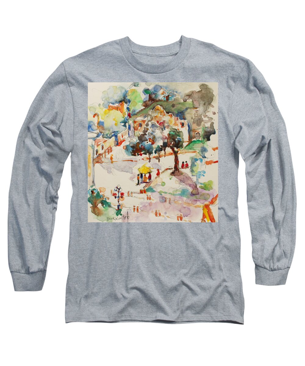 Watercolor Long Sleeve T-Shirt featuring the painting Alamo from hotel Window by Becky Kim