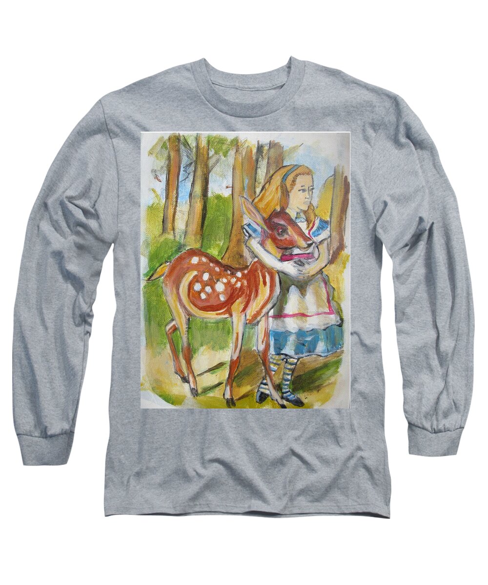Woods Long Sleeve T-Shirt featuring the painting Alice and the Deer by Denice Palanuk Wilson