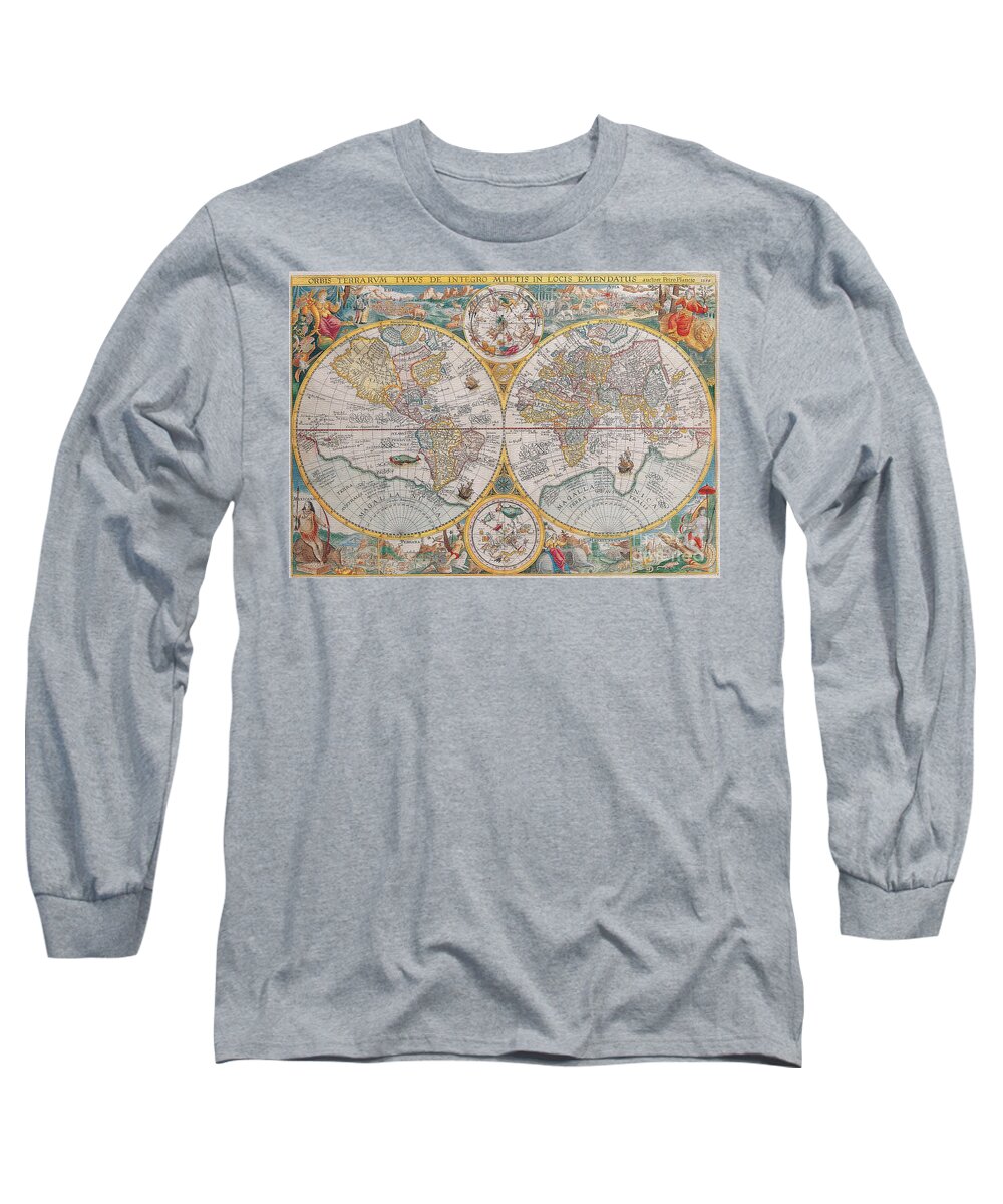Antique Maps Of The World Long Sleeve T-Shirt featuring the digital art Antique Maps of the World Petrus Plancius c 1599 by Vintage Collectables