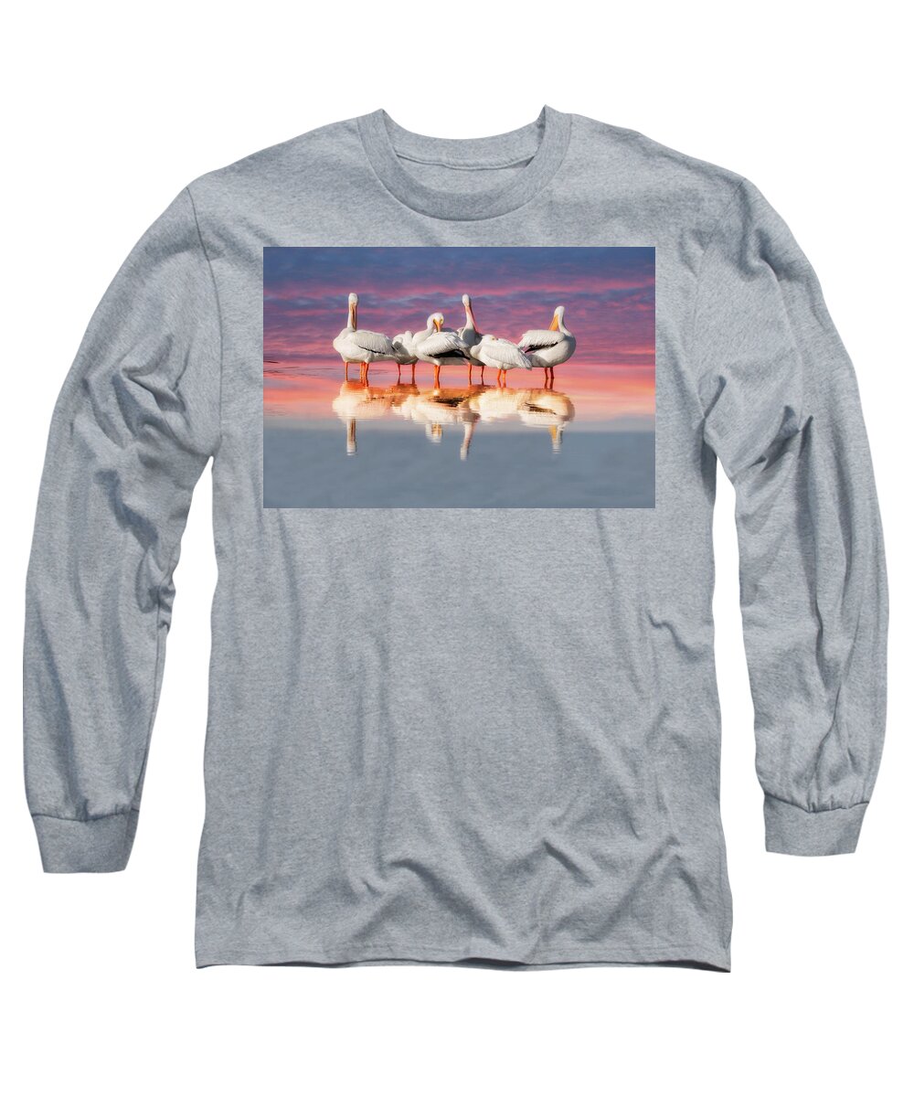 Pelican Long Sleeve T-Shirt featuring the photograph As The Sun Goes Down by Kim Hojnacki