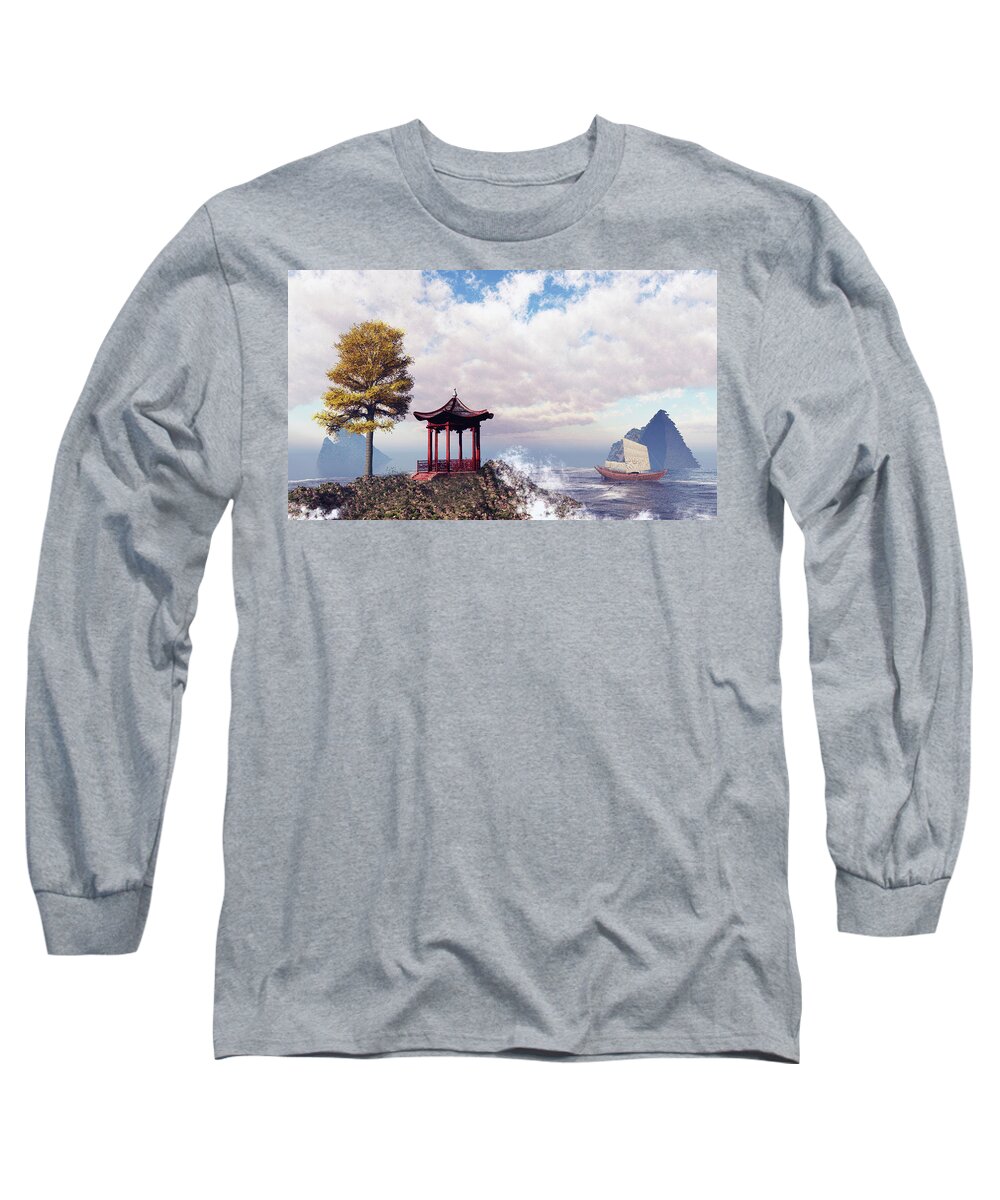 Asian Seascape Scene Long Sleeve T-Shirt featuring the digital art Asian Seascape Scene by John Junek