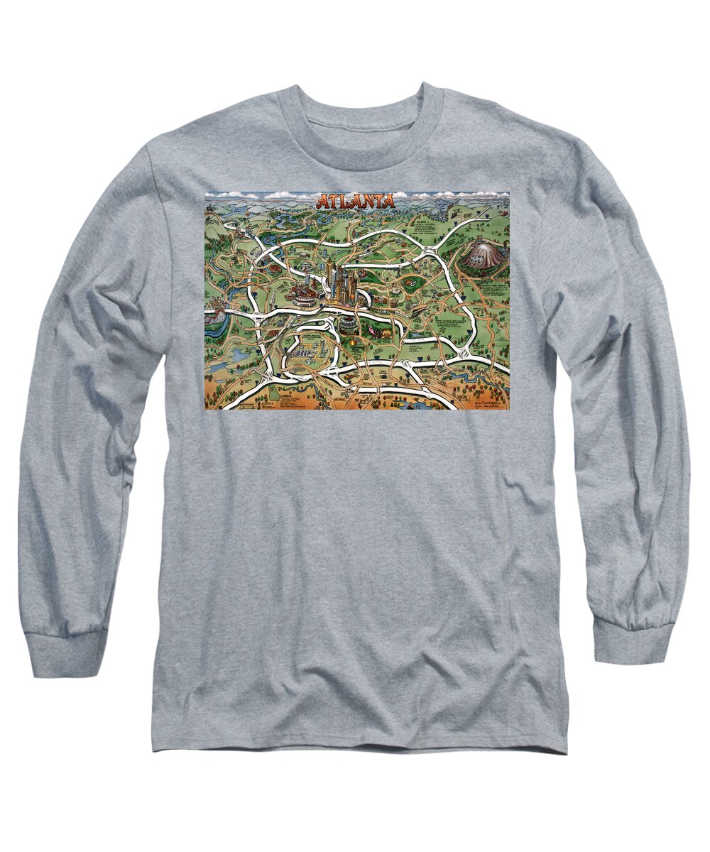 Atlanta Long Sleeve T-Shirt featuring the painting Atlanta Cartoon Map by Kevin Middleton