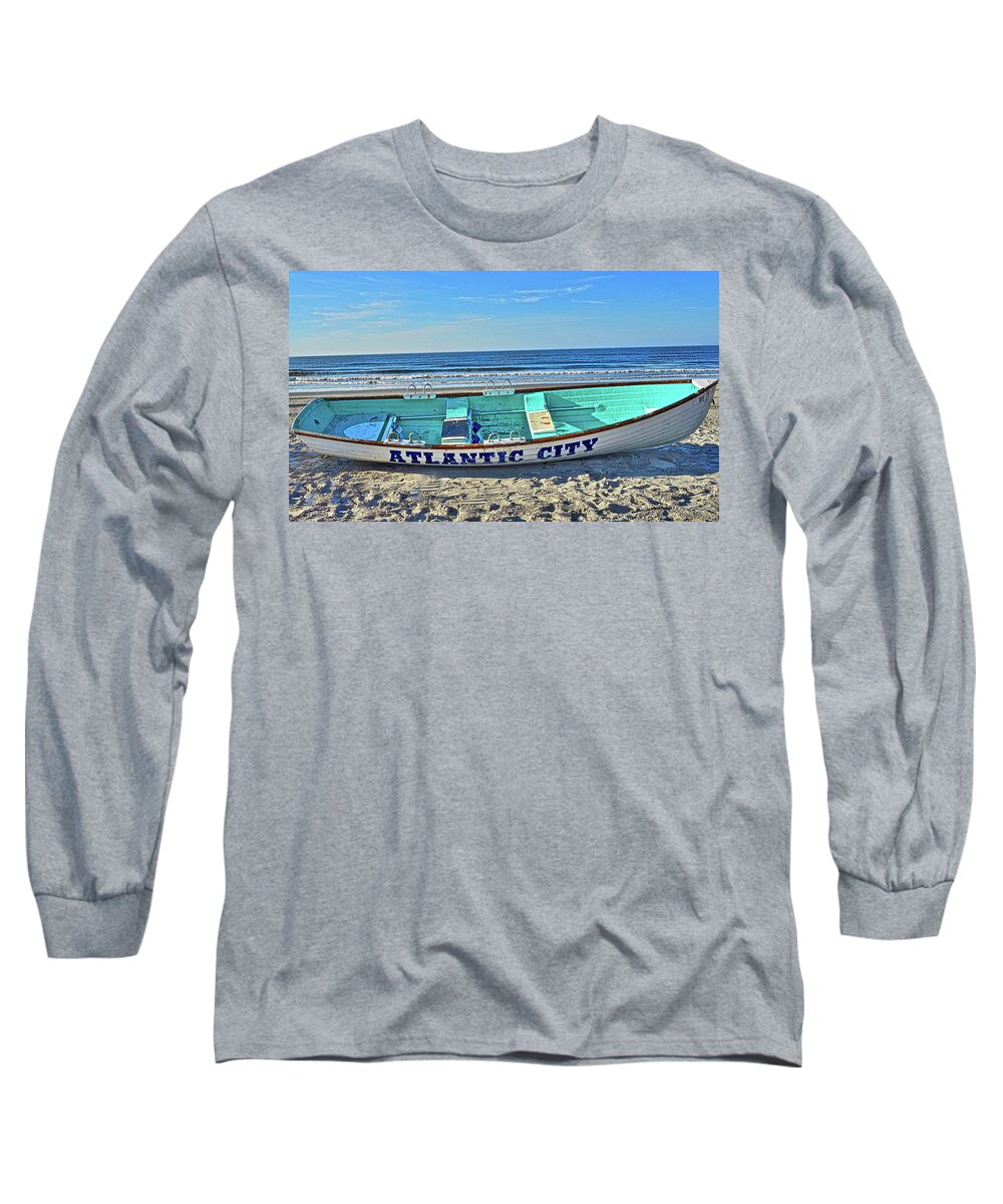 Atlantic City New Jersey Lifeguard Rescue Rowboat Long Sleeve T-Shirt featuring the photograph Atlantic City Rowboat by Joan Reese