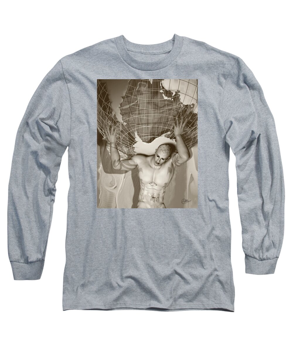 Titan Long Sleeve T-Shirt featuring the digital art Atlas Sepia Tones by Quim Abella