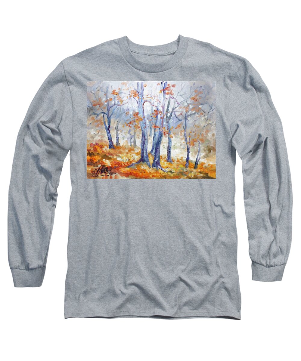 Forest Long Sleeve T-Shirt featuring the painting Autumn mist - morning by Irek Szelag