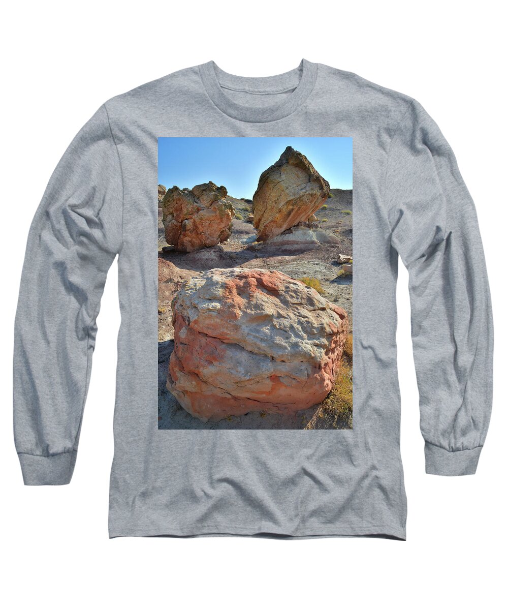 Grand Junction Long Sleeve T-Shirt featuring the photograph Balanced Boulders in Bentonite Site by Ray Mathis