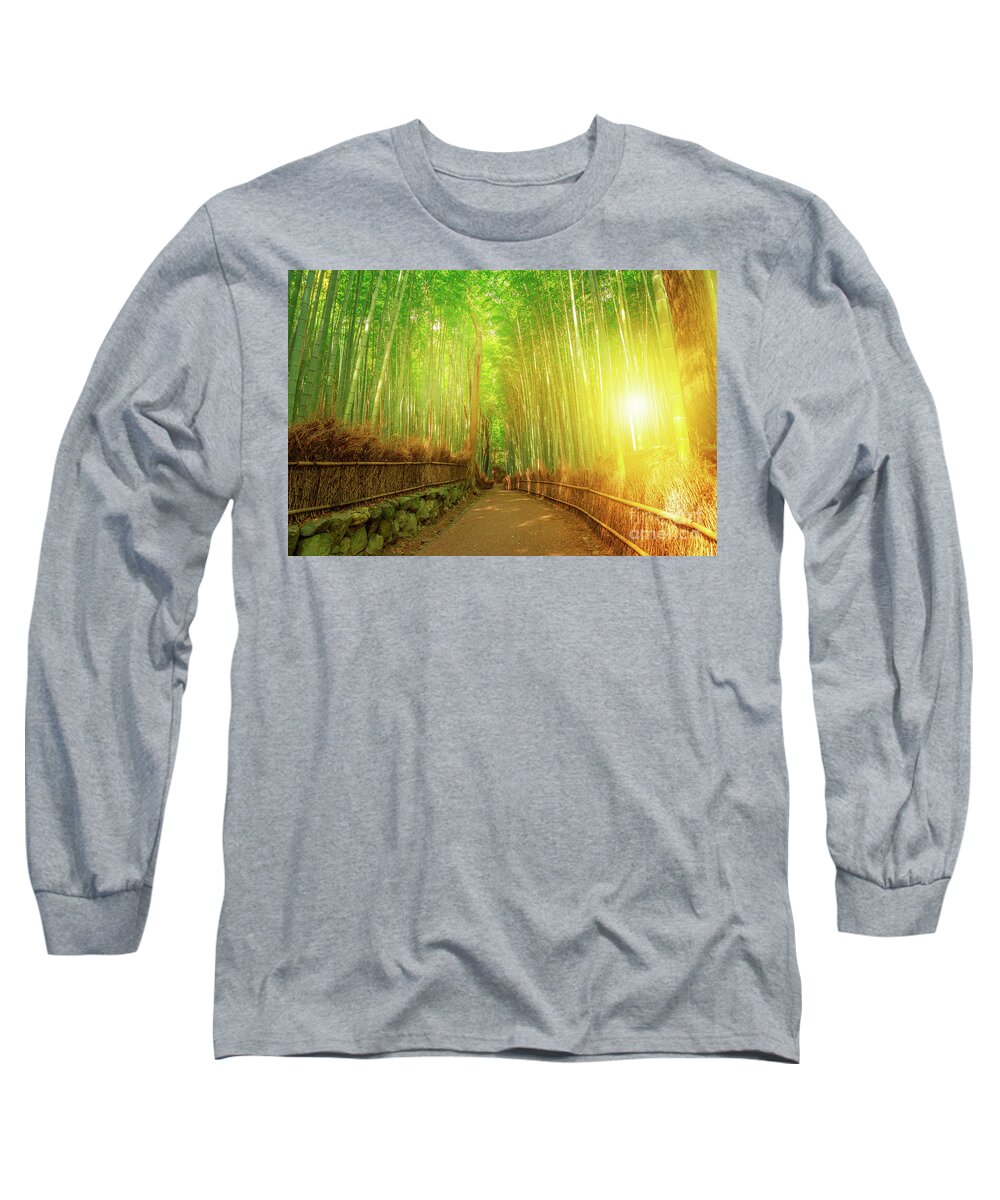Arashiyama Long Sleeve T-Shirt featuring the photograph Bamboo grove Arashiyama Kyoto by Benny Marty