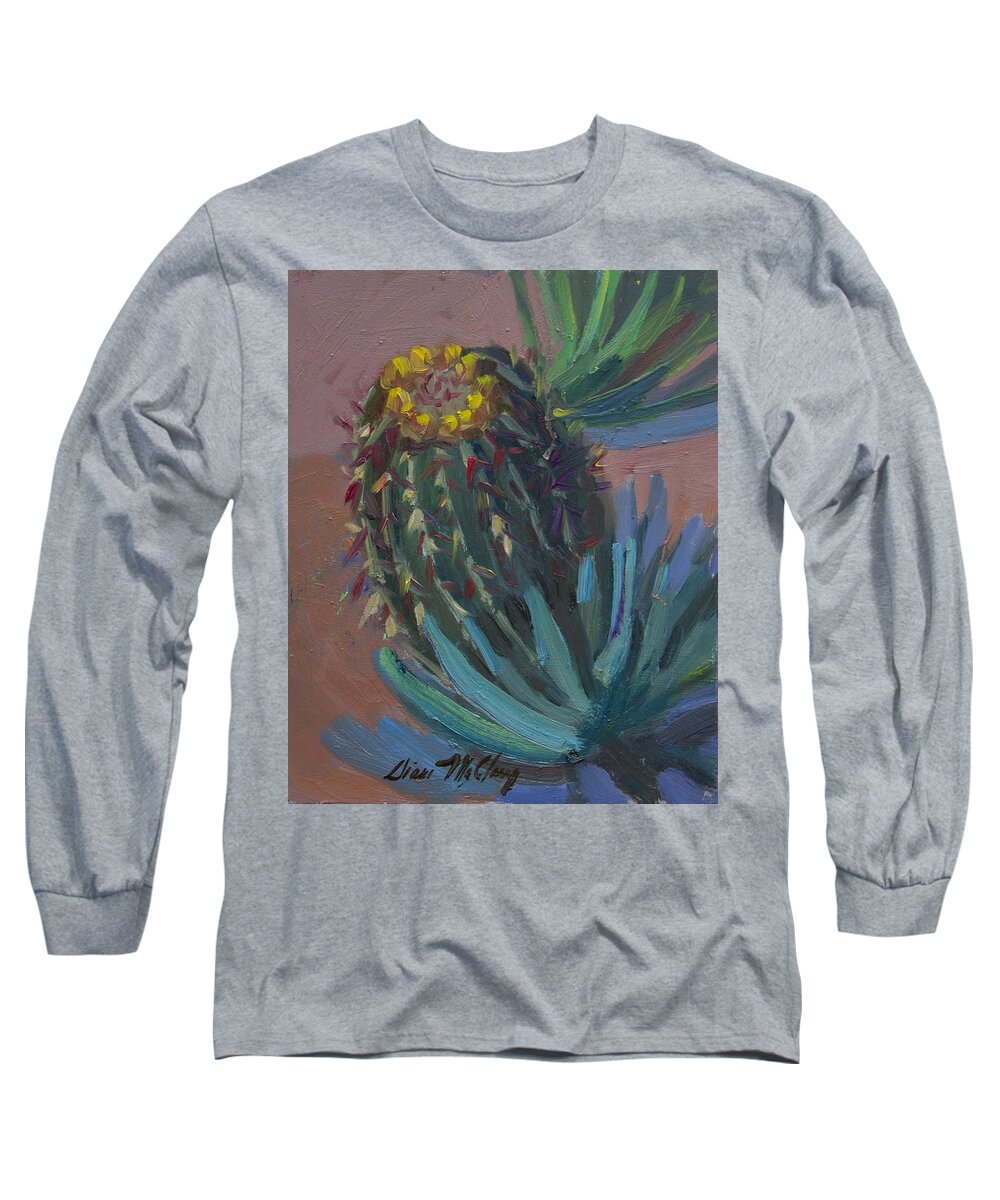Arizona Long Sleeve T-Shirt featuring the painting Barrel Cactus in Bloom #1 by Diane McClary