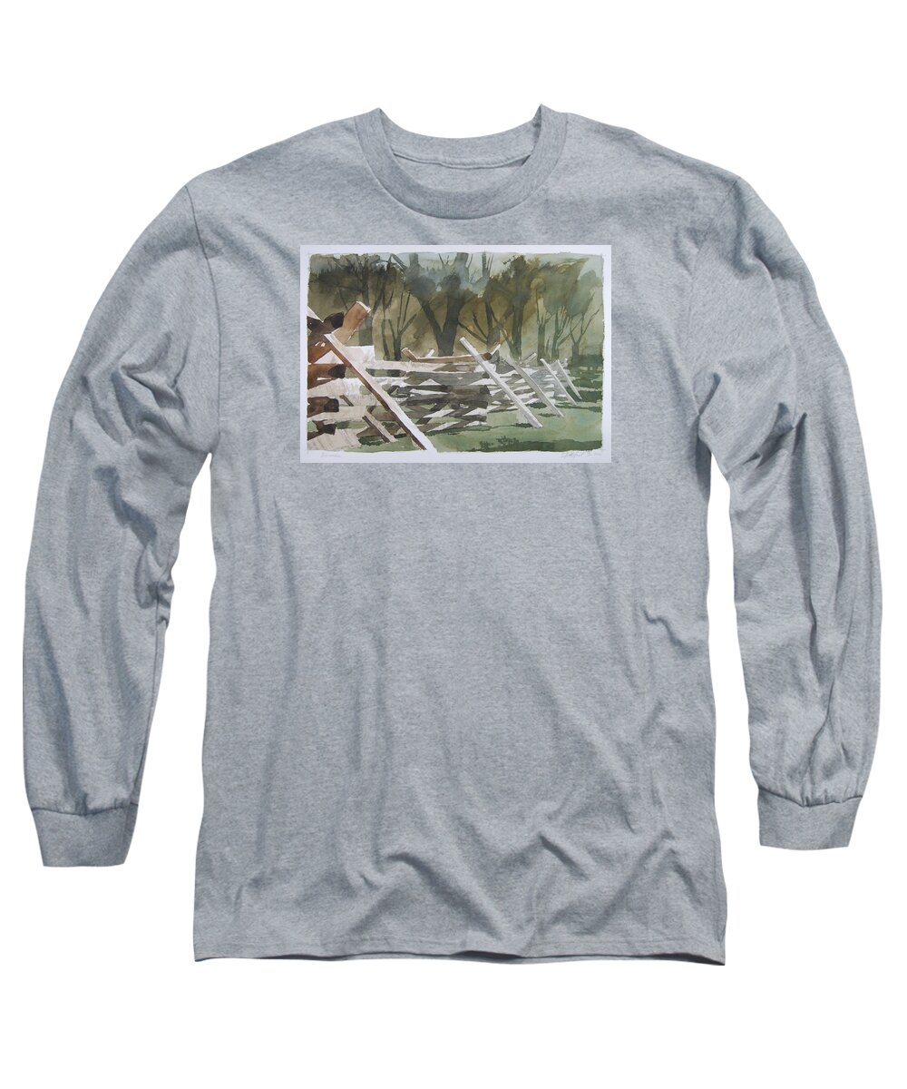 Valley Forge Forest Fence Barricade Watercolor Paper Long Sleeve T-Shirt featuring the painting Barricade by Stephen Rutherford