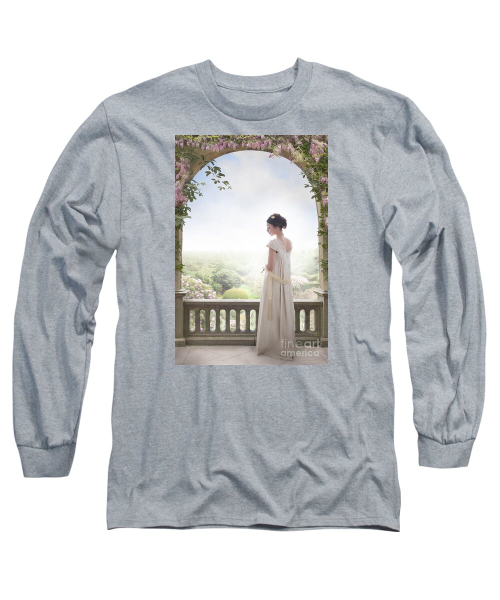 Regency Long Sleeve T-Shirt featuring the photograph Beautiful Regency Woman Beneath A Wisteria Arch by Lee Avison