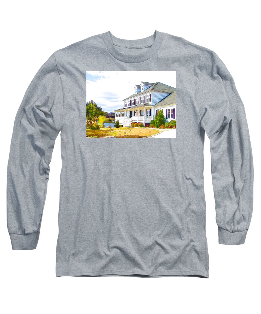 Beautiful Waterfront Home Long Sleeve T-Shirt featuring the painting Beautiful waterfront home 1 by Jeelan Clark