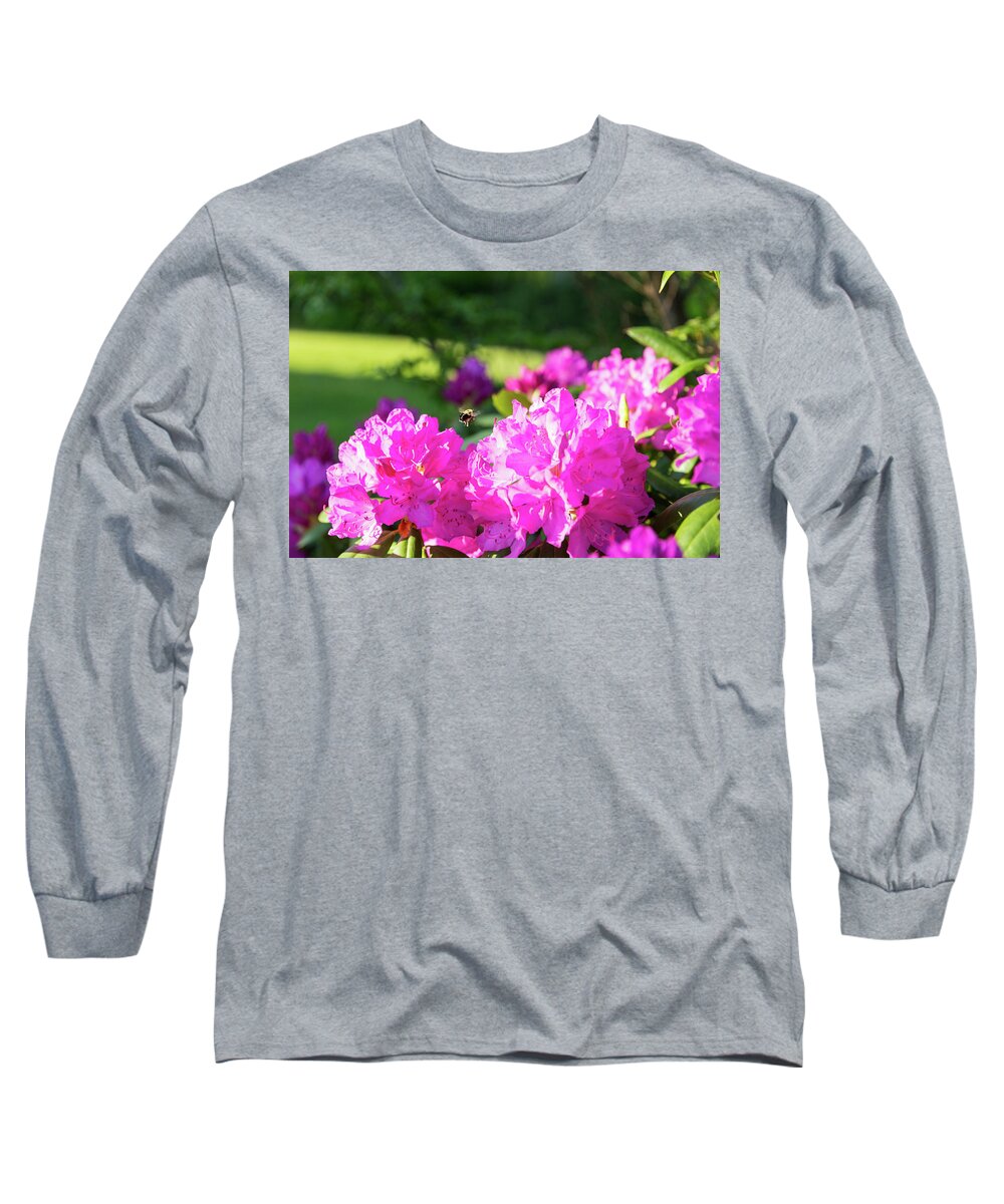 Bee Long Sleeve T-Shirt featuring the photograph Bee Flying Over Catawba Rhododendron by D K Wall