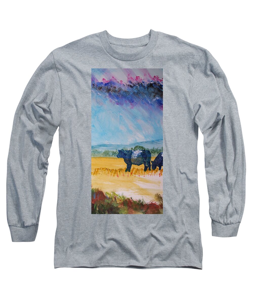 Belted Galloway Cows Long Sleeve T-Shirt featuring the painting Belted Galloway Cows Narrow Painting by Mike Jory