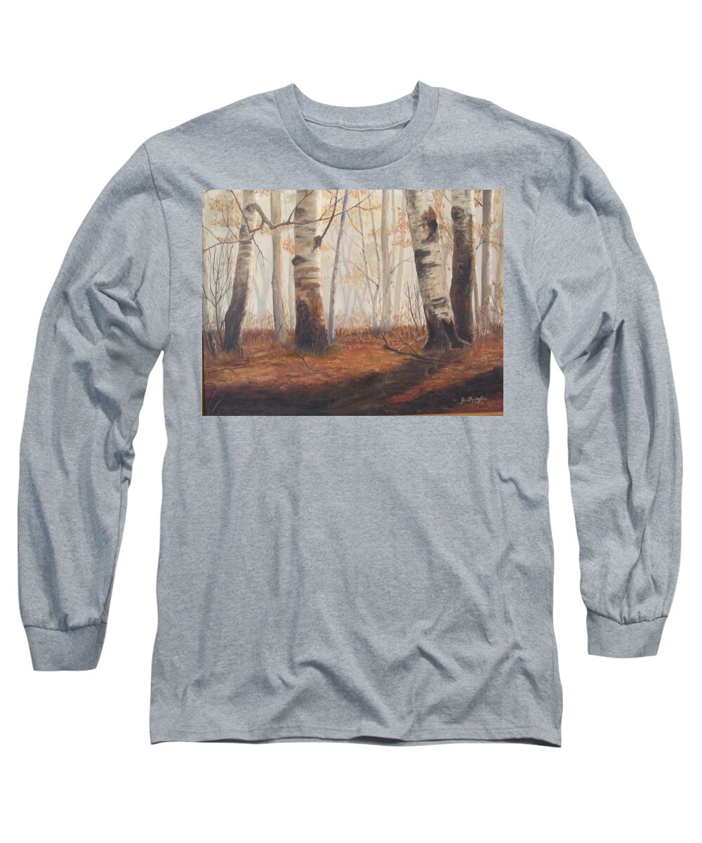 Burnt Orange Long Sleeve T-Shirt featuring the painting Birches by Jan Byington