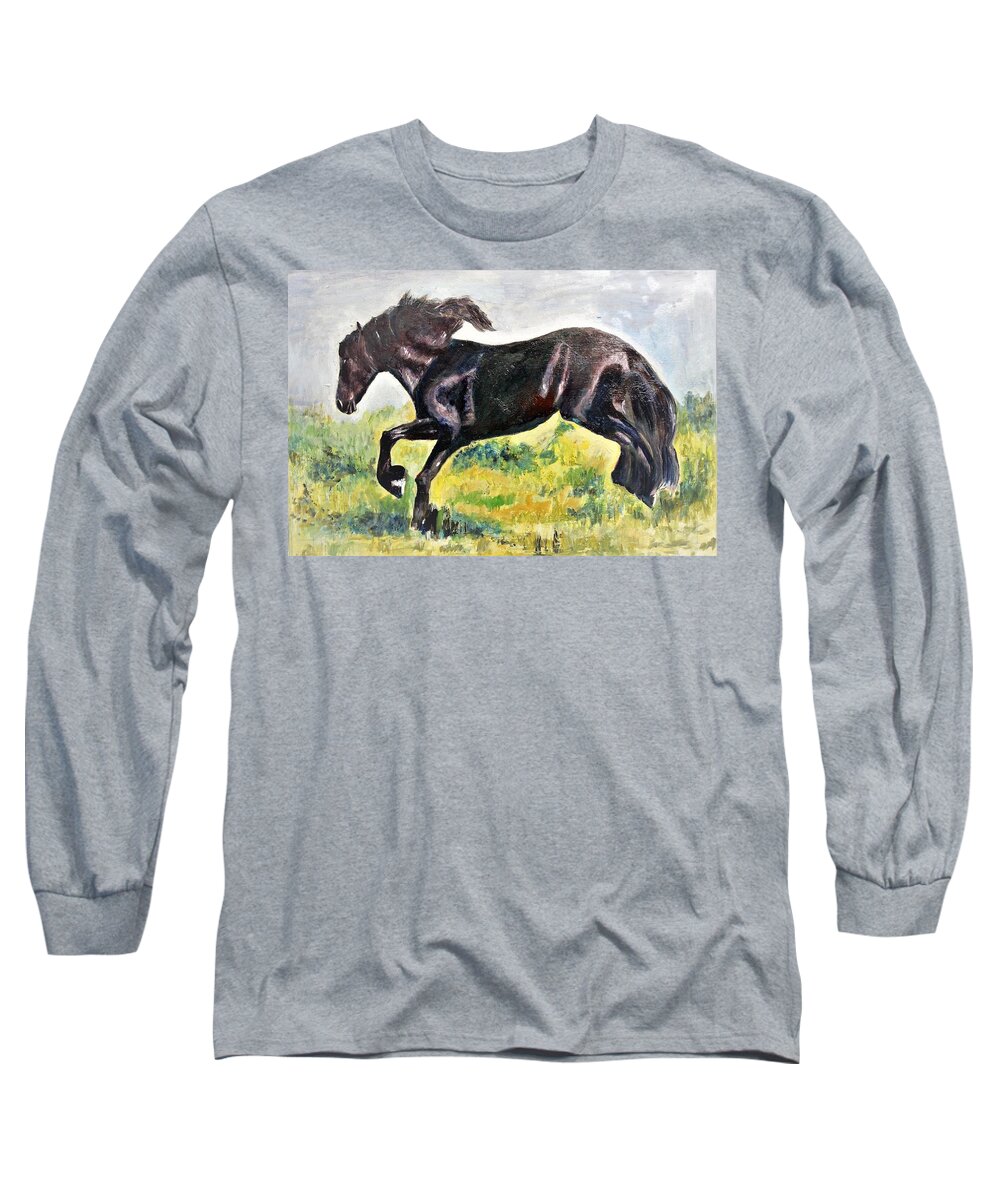 Horse Long Sleeve T-Shirt featuring the painting Black Beauty by Khalid Saeed