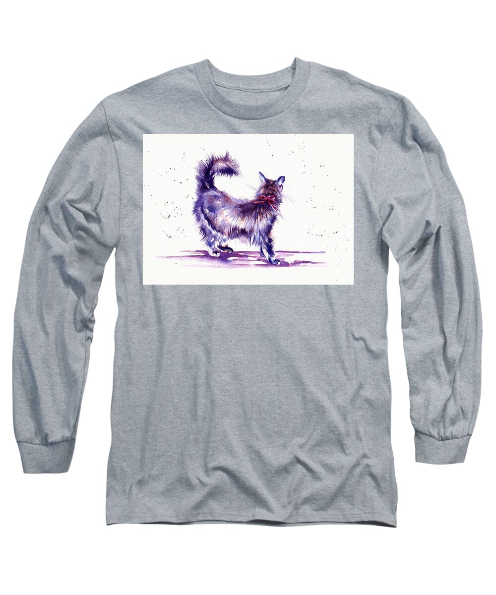 Cats Long Sleeve T-Shirt featuring the painting Black Cat Dressed to the Nines by Debra Hall