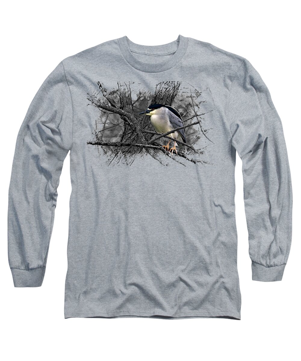 Black Crowned Night Heron Long Sleeve T-Shirt featuring the mixed media Black Crowned Night Heron 001 by DiDesigns Graphics