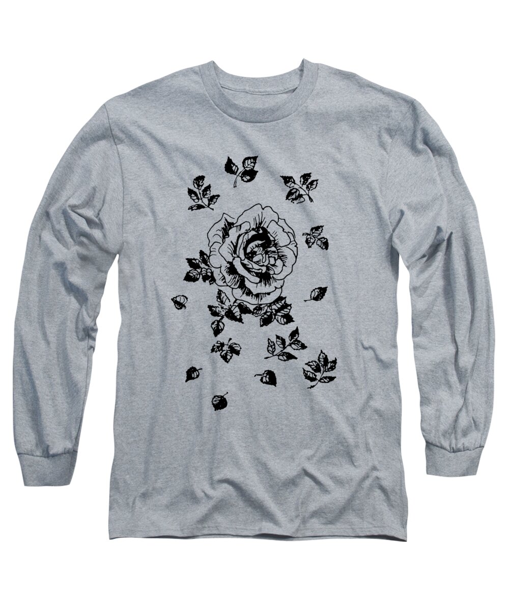 Rose Long Sleeve T-Shirt featuring the drawing Black Graphic Rose by Masha Batkova