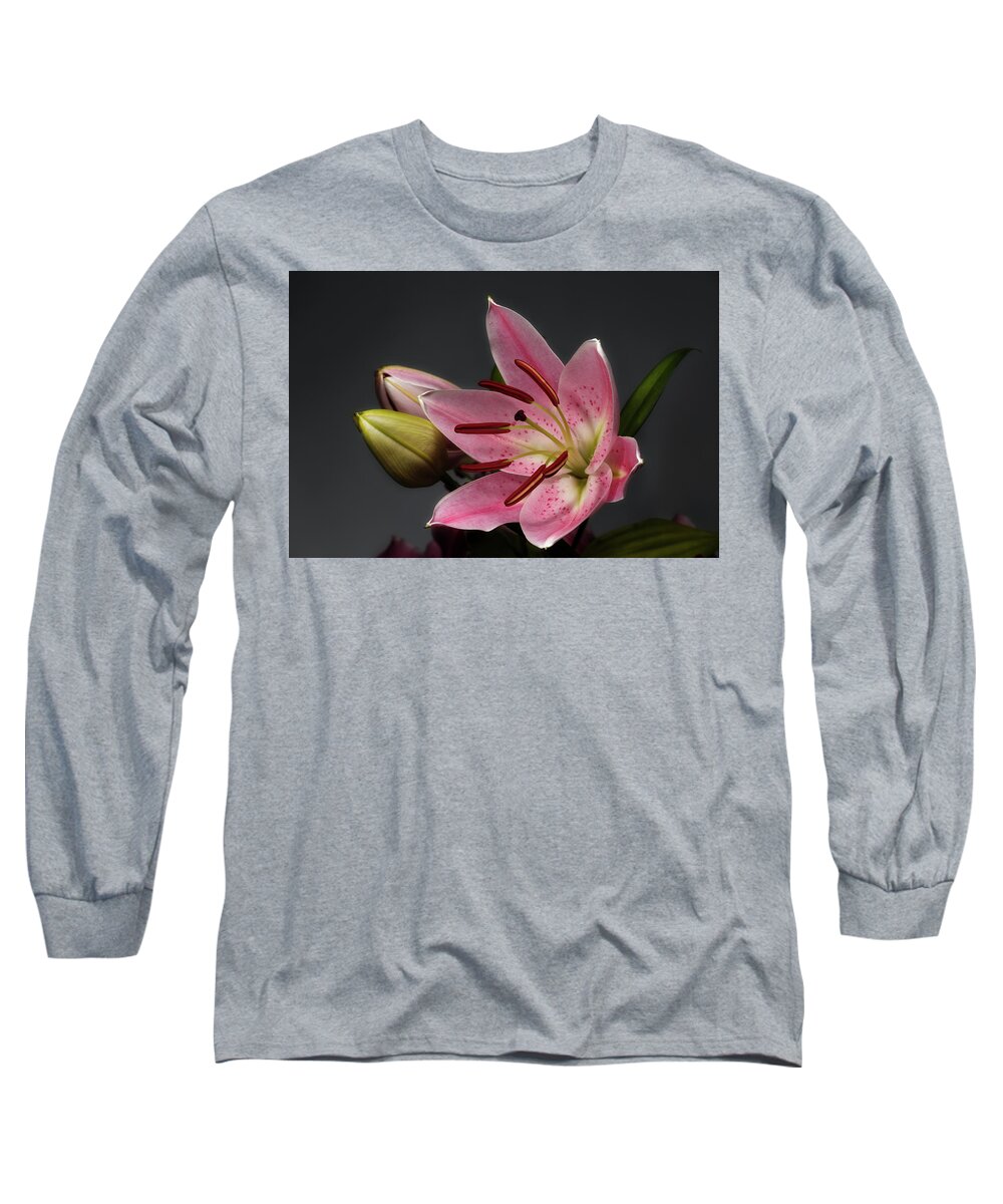 Blossom Long Sleeve T-Shirt featuring the photograph Blossoming Pink Lily Flower on dark Background by Sergey Taran