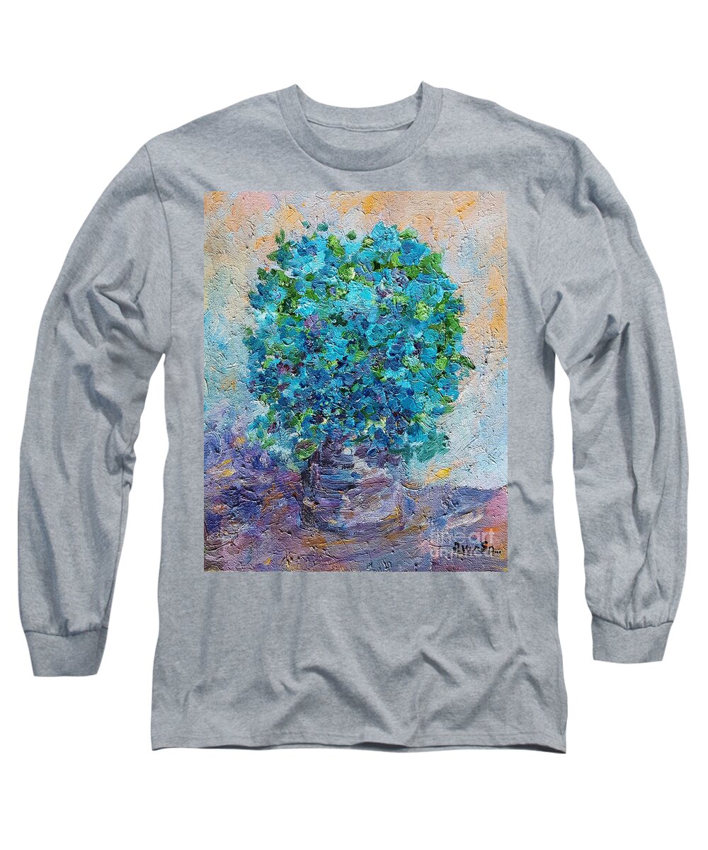 Still Life Long Sleeve T-Shirt featuring the painting Blue flowers in a vase by Amalia Suruceanu