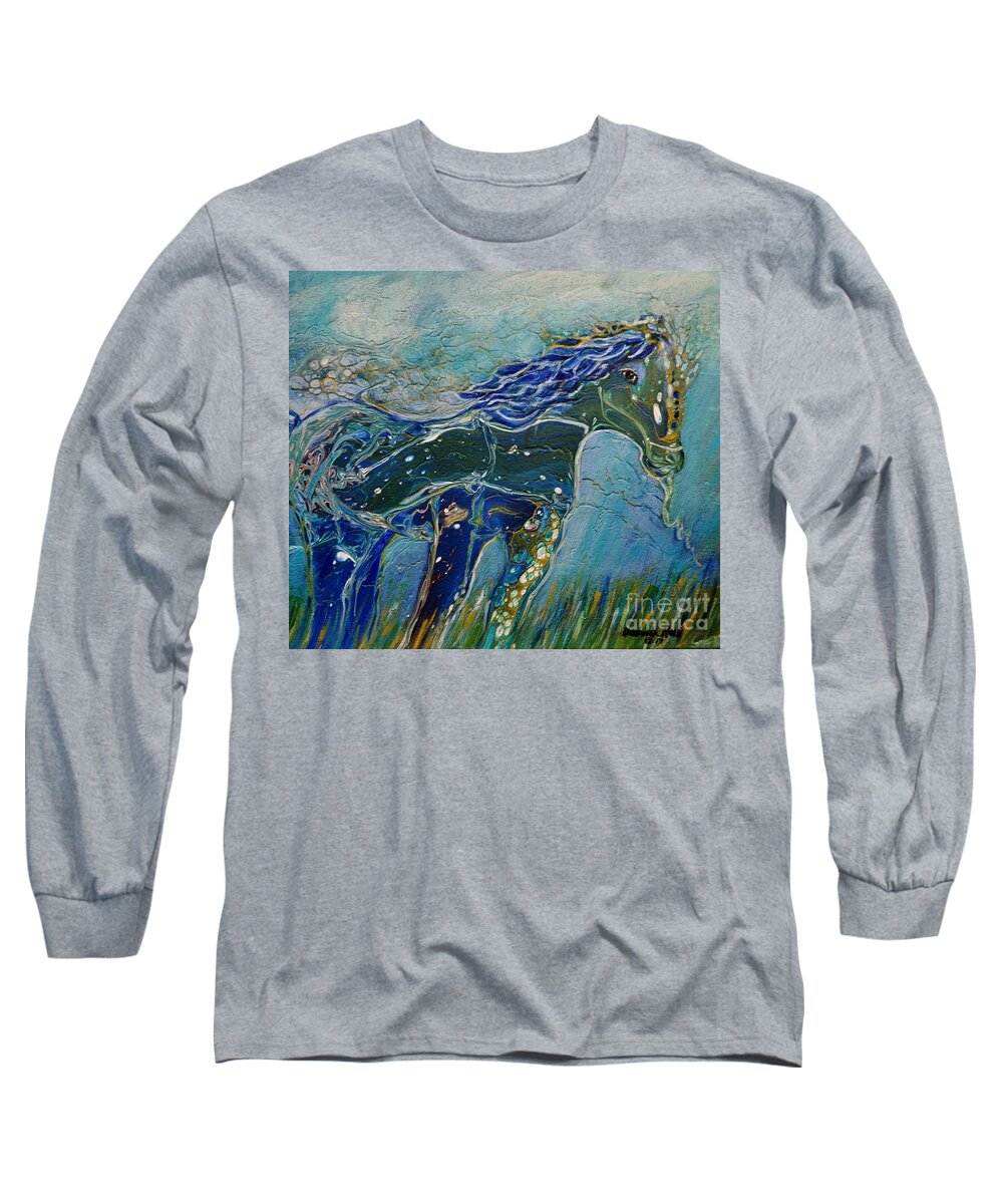 Acrylic Pour Long Sleeve T-Shirt featuring the painting Blue Horse by Deborah Nell