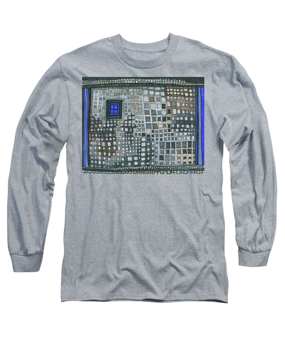Abstract Long Sleeve T-Shirt featuring the drawing Blue Blue Windows by Sandra Church