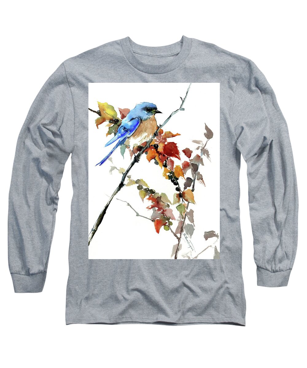 Bluebird Long Sleeve T-Shirt featuring the painting Bluebird in The Fall by Suren Nersisyan