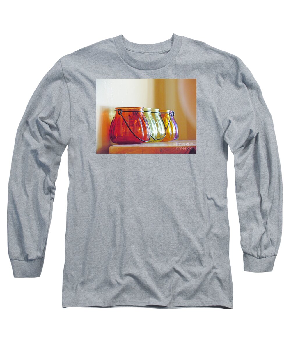 Bottles Long Sleeve T-Shirt featuring the photograph Bottles with Hoops on Shelf, Brown, Yellow, Green, Orange, and Purple by David Frederick