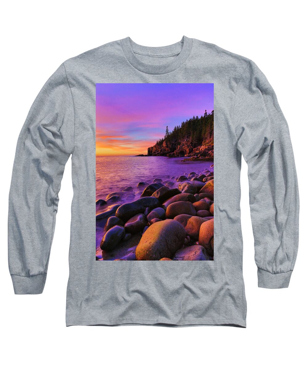 Acadia Long Sleeve T-Shirt featuring the photograph Boulder Beach Sunrise by Nancy Dunivin
