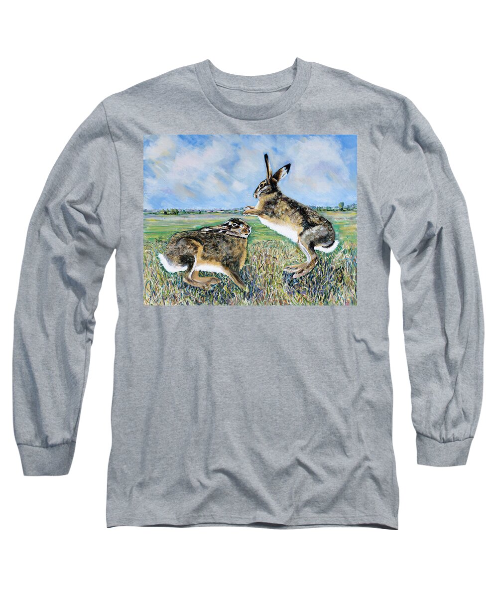 Acrylic Long Sleeve T-Shirt featuring the painting Boxing Hares by Seeables Visual Arts