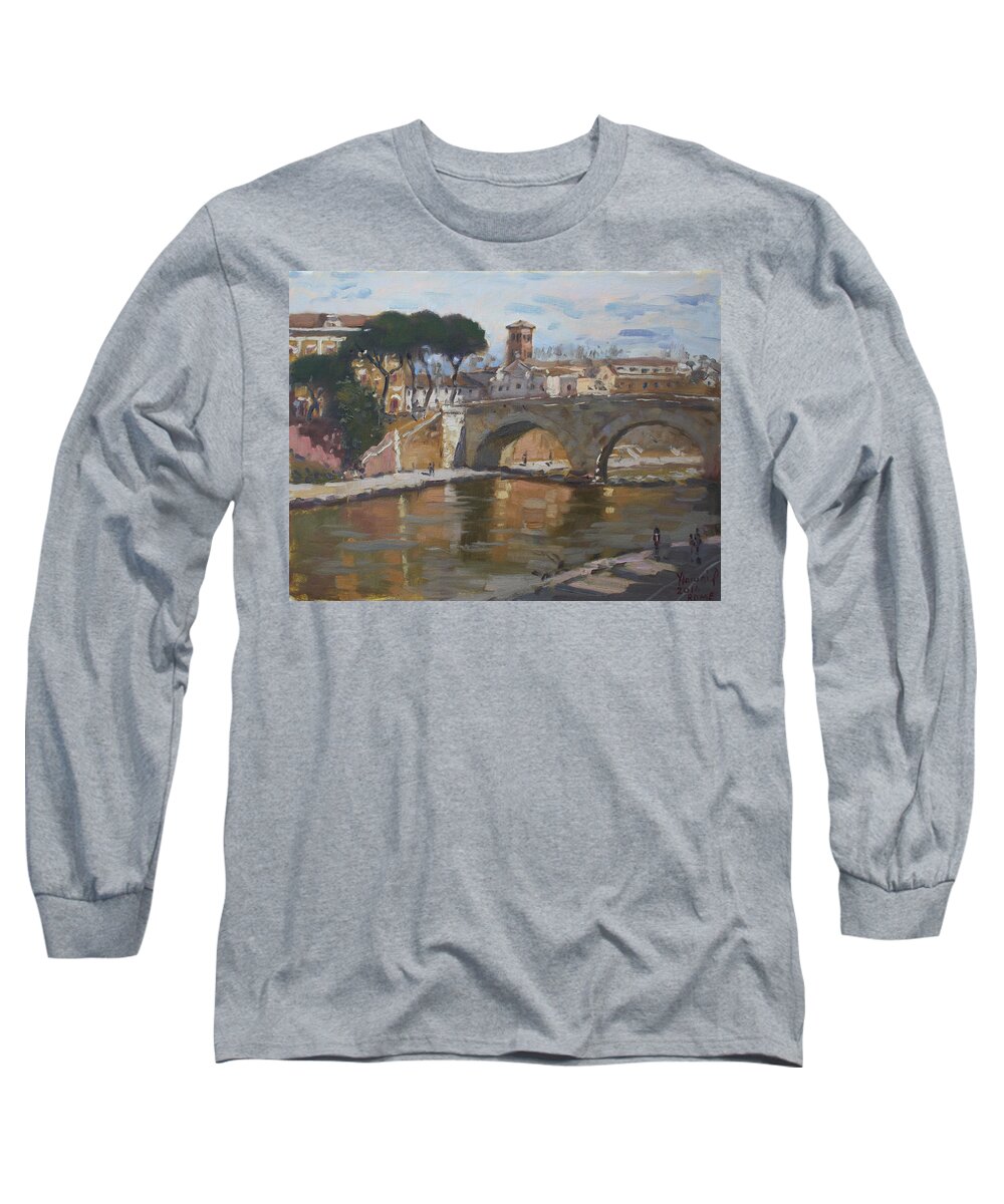 Rome Long Sleeve T-Shirt featuring the painting Bridge at Isola Tiberina Rome by Ylli Haruni